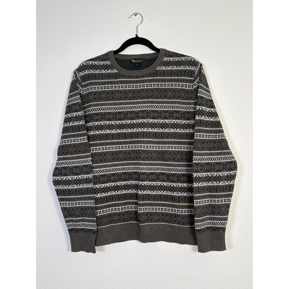 Odin New York Mens Cotton Fair Isle Geometric Crewneck Sweater Grey Charcoal M